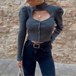 Zara Charcoal Gray Ribbed Cutout Button-Front Top